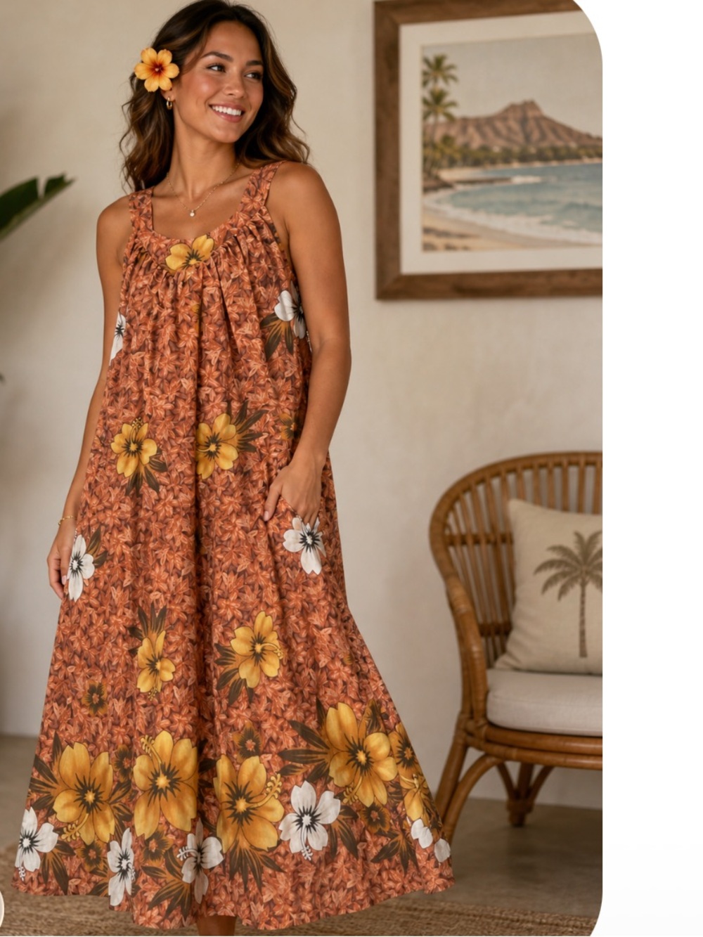 Just Love True Vintage  Yellow Floral Maxi Dress in Rust Orange with pockets